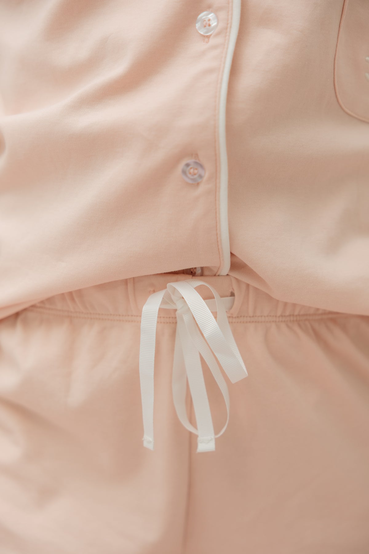 Blush pink Neon94 pyjama shorts with white drawstring tie, Bubblegum Sleepover Set